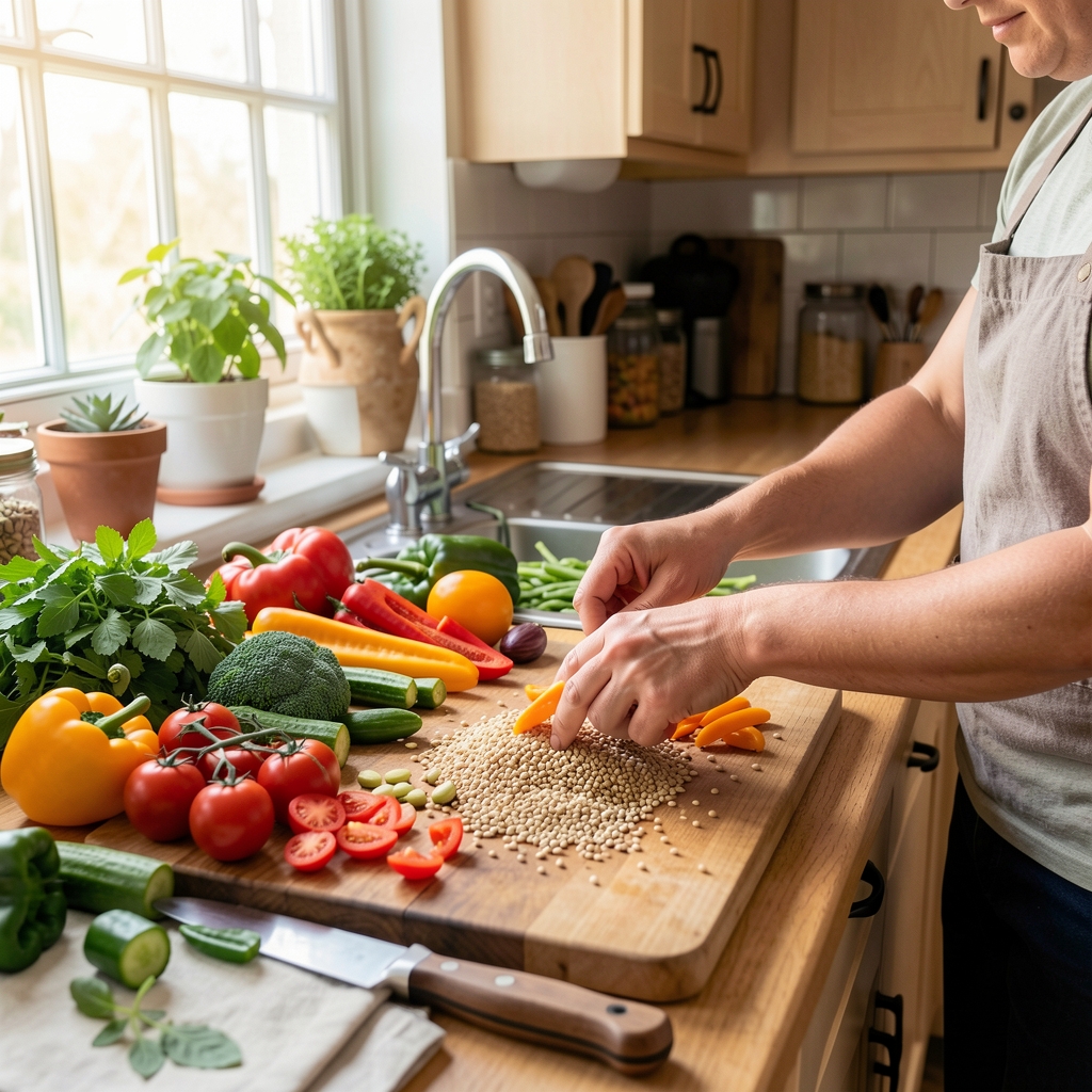 Hands preparing colourful vegetables and grains in a welcoming home kitchen