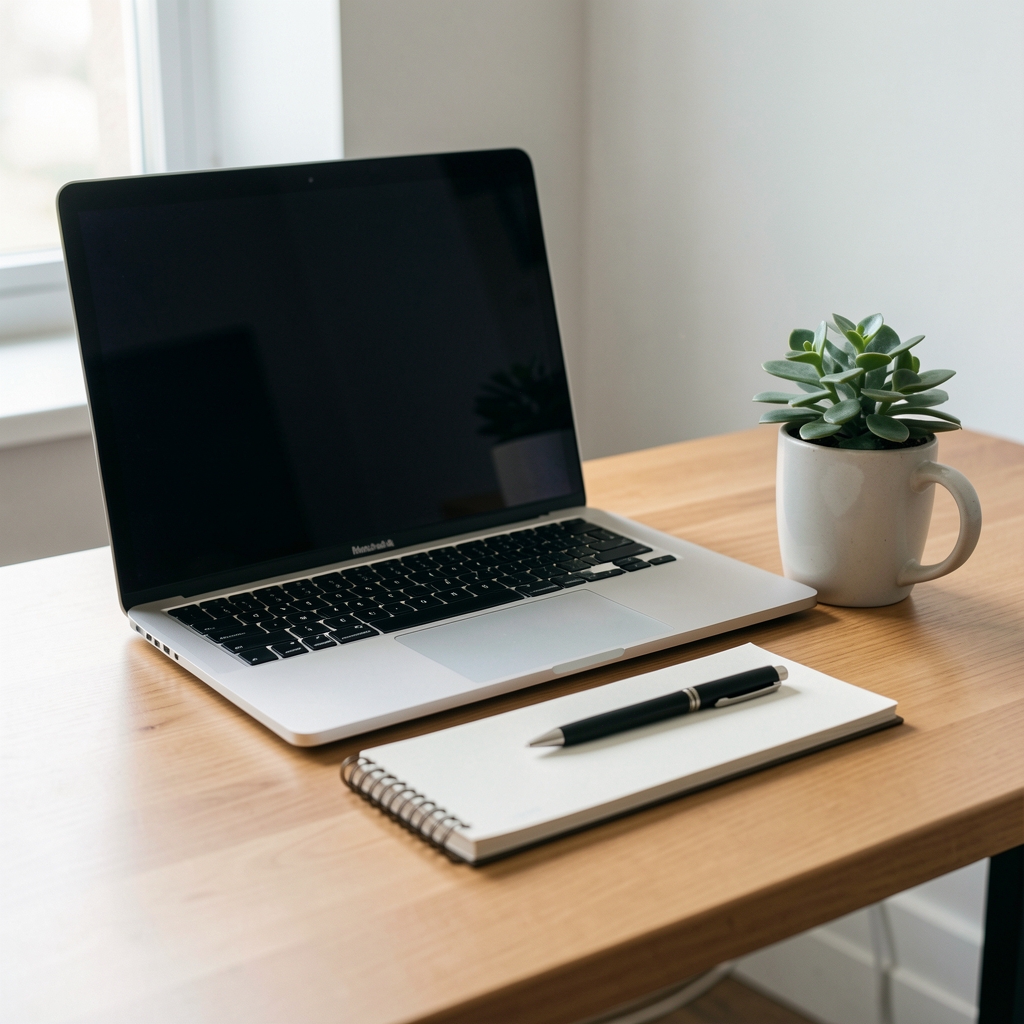 Laptop notebook pen and mug arranged on a calm editorial desk beside a small plant