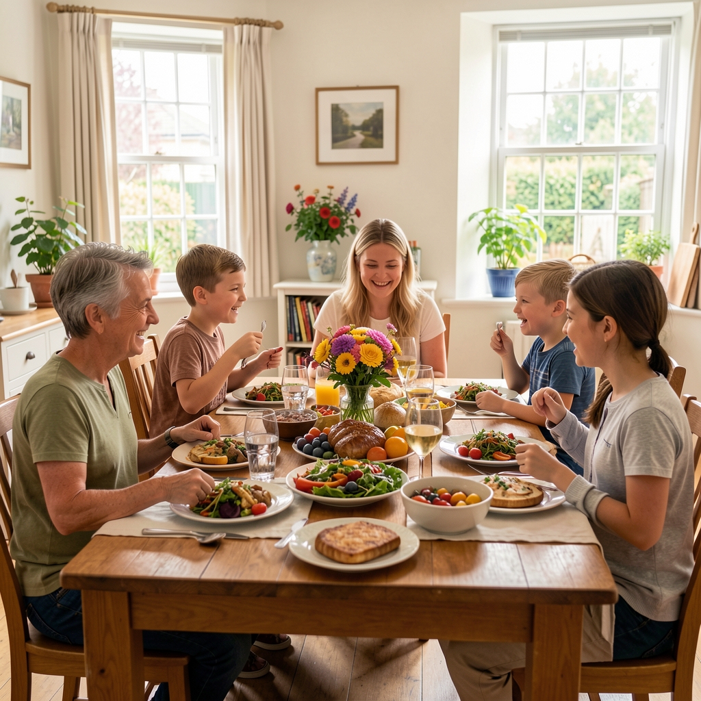 Family sharing a colourful home-cooked meal at a dining table in a bright UK home