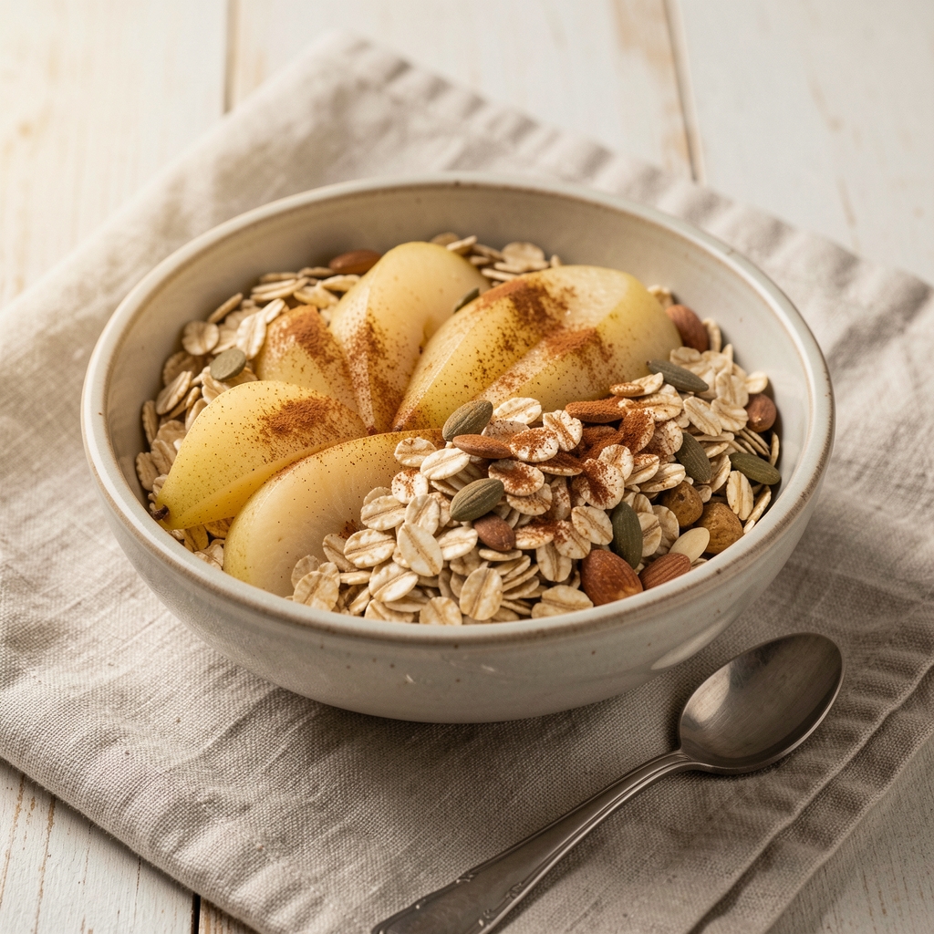 Bowl of oats pears seeds and cinnamon beside a spoon on a linen cloth