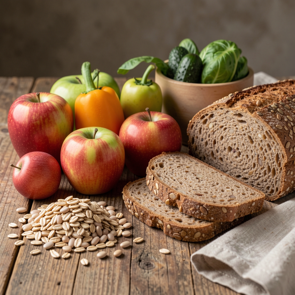 Oats beans apples vegetables and wholegrain bread arranged on a rustic table