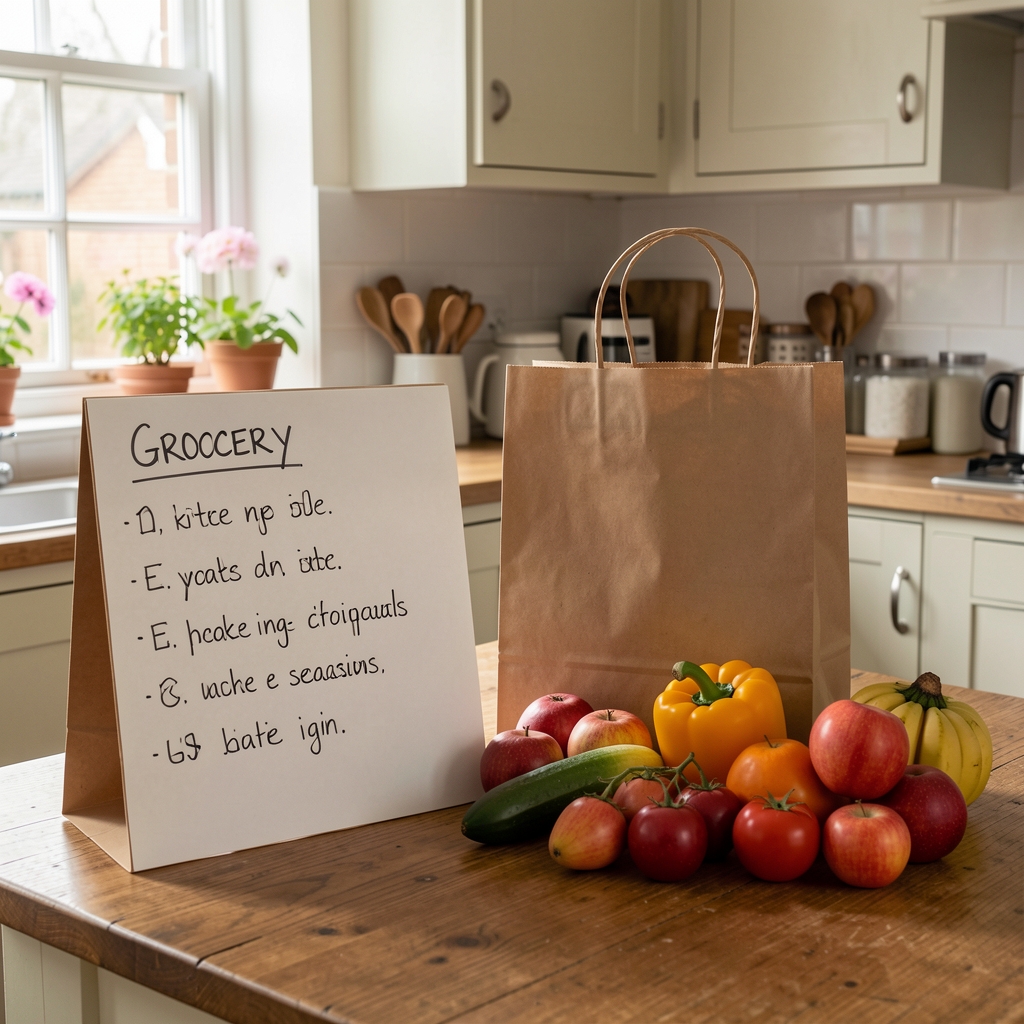 Handwritten grocery list beside seasonal produce and reusable shopping bags in a UK kitchen