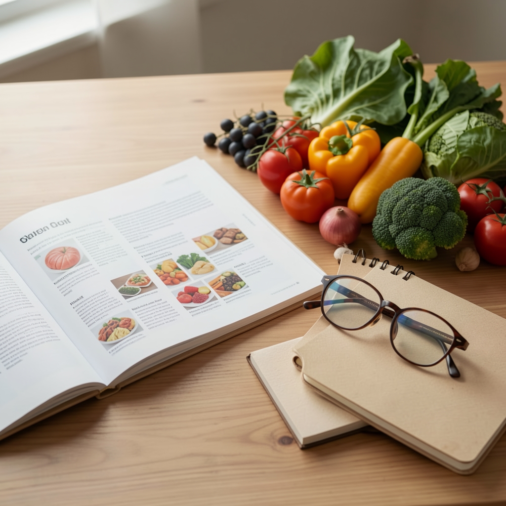 Open nutrition guide beside vegetables a notebook and reading glasses on a calm wooden table