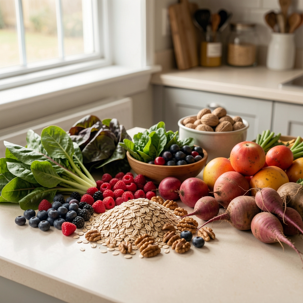 Fresh British market produce including leafy greens, berries, oats, walnuts and colourful root vegetables arranged on a pale kitchen table