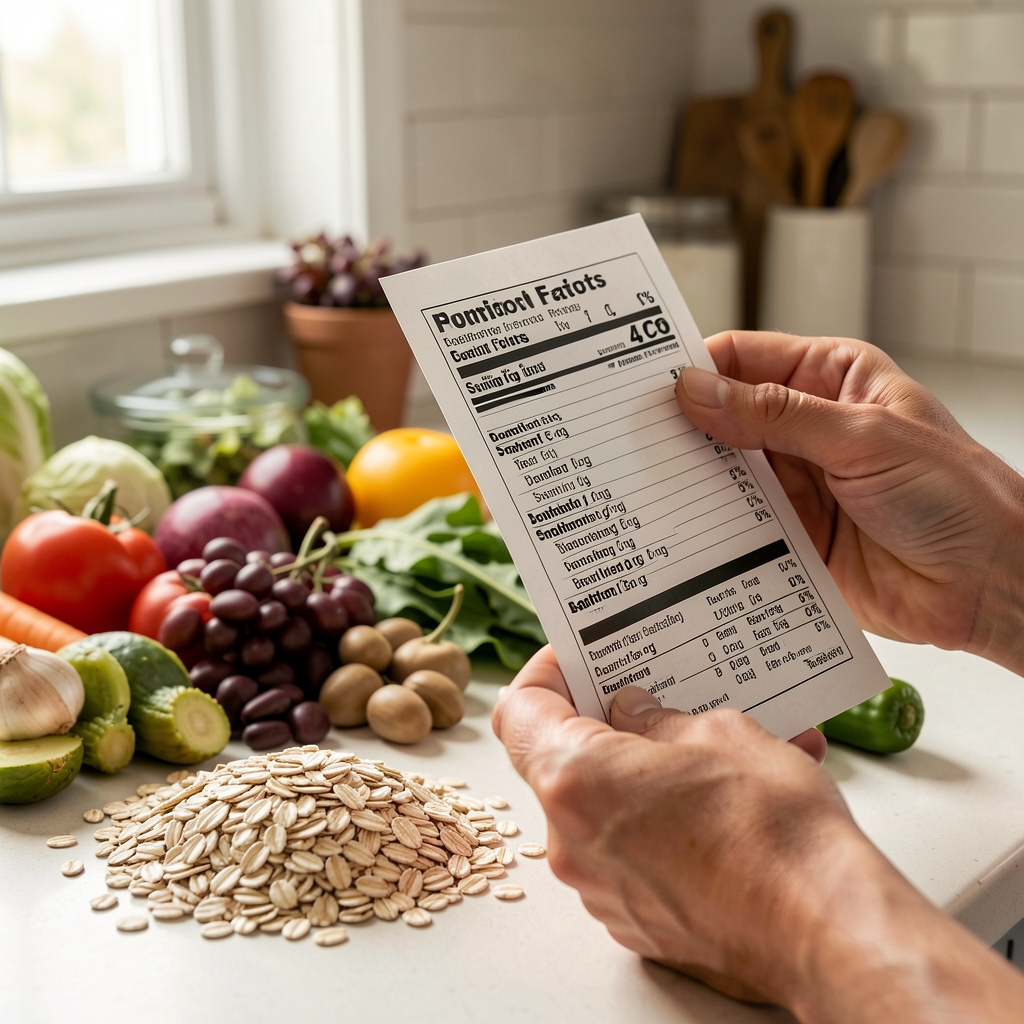 Hands reading a food label beside oats beans and vegetables on a kitchen counter