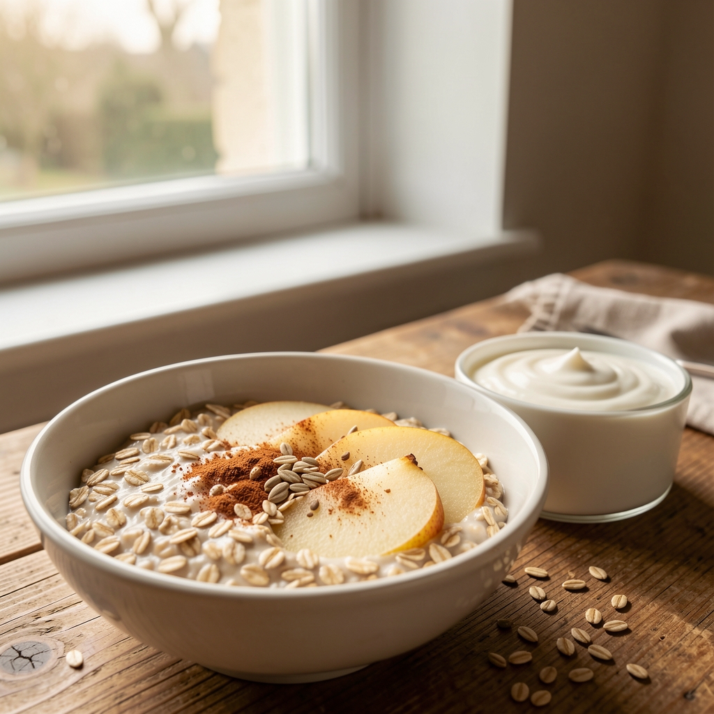 Warm oat breakfast with pear slices, cinnamon, seeds and plain yoghurt beside a window in morning light