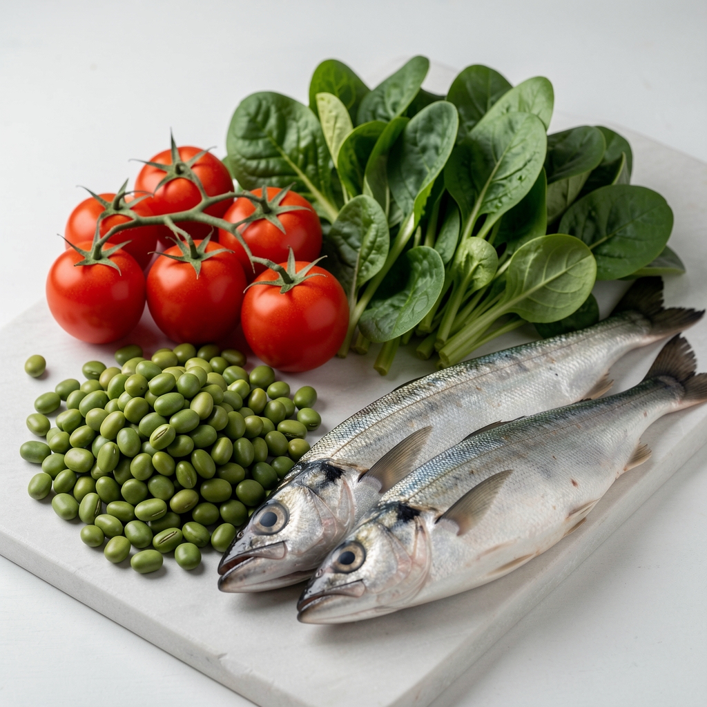 Tomatoes beans leafy greens and oily fish arranged as ingredients for a balanced meal