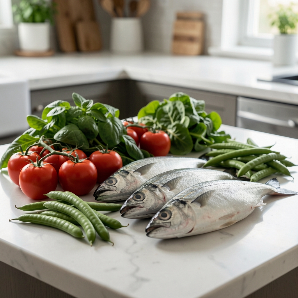 Tomatoes leafy greens beans and oily fish arranged on a kitchen counter for a nutrition article