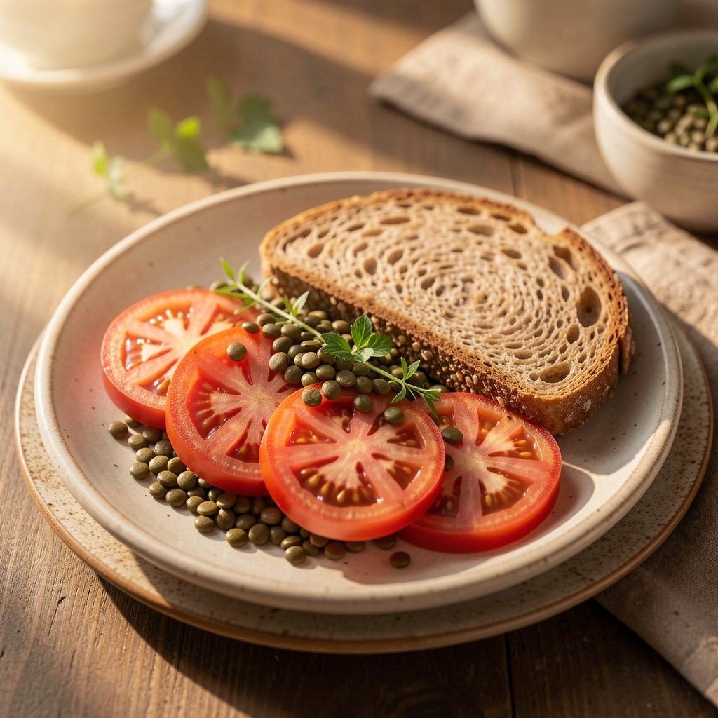 Sliced tomatoes lentils herbs and wholegrain bread on a ceramic plate in warm natural light