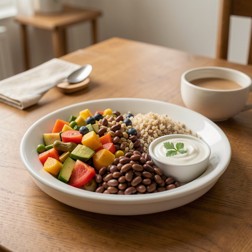 Colourful satisfying meal with vegetables beans grains and yoghurt on a simple dining table